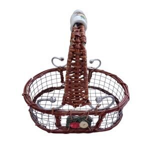 Cottage Farmhouse Style Wire Basket Ceramic Handle Apples & Pears